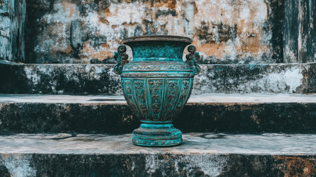 An antique turquoise urn stands prominently on weathered stone steps, embodying vintage charm with its intricate details and rustic background.の素材
