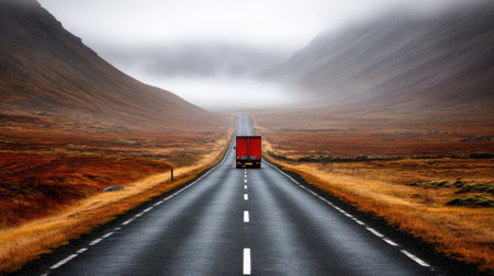 A solitary truck travels down a long, empty road surrounded by dramatic fog-covered mountains, capturing the essence of remote exploration in a stunning landscape.の素材