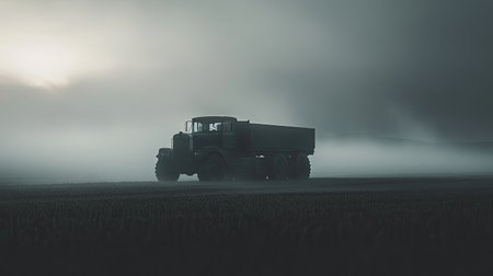 A vintage truck stands alone in a foggy landscape, creating a serene atmosphere. The moody sky and mist enhance the rustic charm and tranquility of this rural scene.の素材