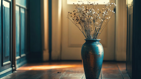 A beautifully crafted ceramic vase holds dried flowers, placed in a sunlit hallway. The warm tones and inviting atmosphere enhance any home decor project.の素材