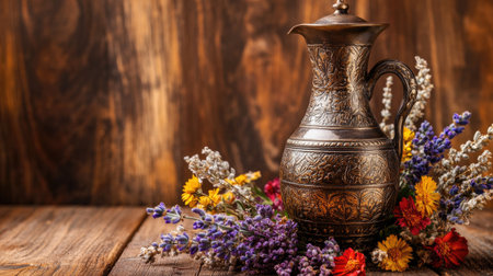 A stunning vintage bronze pitcher rests among an array of colorful flowers and fresh herbs, creating a charming still life composition on rustic wood.の素材