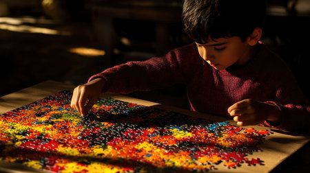 A young boy deeply focused on assembling a vibrant puzzle on a sunlit table, capturing the essence of childhood creativity and engagement in a cozy indoor setting.の素材