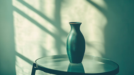 A serene scene featuring an elegant green vase set on a glass table, enhanced by soft natural light and captivating shadow patterns. Perfect for decor inspiration.の素材