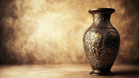A close-up view of an elegant bronze vase, showcasing intricate floral patterns and textures, beautifully lit against a warm, blurred background.の素材