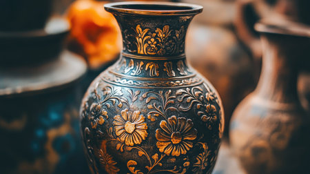 An exquisite antique decorative vase featuring intricate floral patterns in warm tones, highlighted against a soft background for a stunning visual appeal.の素材