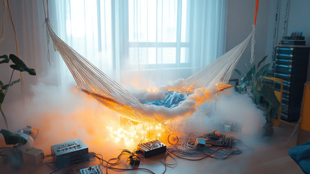 This captivating scene showcases a cozy indoor hammock enveloped in creative smoke and sparkling lights, offering a unique ambiance for relaxation and inspiration.の素材