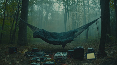 A serene forest scene with a hammock suspended in a misty environment, surrounded by electronic music equipment, creating a tranquil retreat in nature.の素材