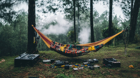 This serene image features a colorful hammock suspended in a lush forest, surrounded by musical equipment, evoking a peaceful atmosphere perfect for relaxation.の素材