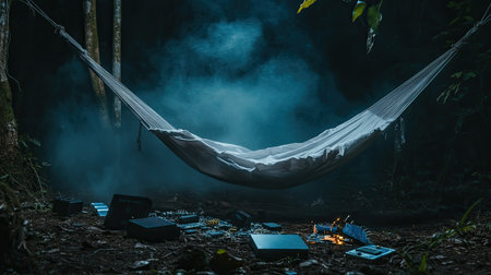 A tranquil hammock swings gently in a misty forest, surrounded by lush trees and an ethereal fog, creating a perfect escape into nature's serenity.の素材
