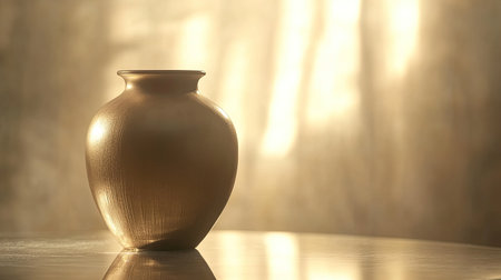 This image showcases a beautifully crafted golden vase, elegantly placed on a smooth surface, illuminated by soft, warm light, creating a serene atmosphere.の素材