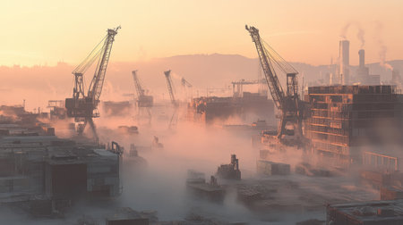 This captivating image captures a misty construction site at dawn, featuring cranes and industrial structures illuminated by soft morning light.の素材