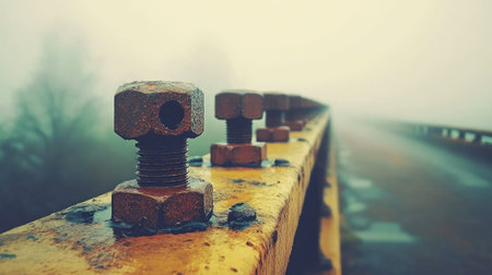 This image features a close-up of a rusty bolt secured to a yellow rail, set against a foggy backdrop. The solitude and muted colors create a mysterious and melancholic atmosphere, perfect for evoking feelings of isolation and contemplation.の素材