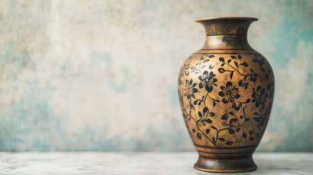 This image features an elegant decorative vase with intricate floral patterns, set against a soft textured background, ideal for design and decor.の素材