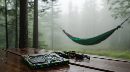 A unique blend of technology and nature, this image features a circuit board resting on a wooden table with a serene green hammock in a misty forest.の素材