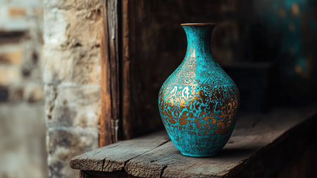 Captivating turquoise vase adorned with intricate gold patterns, elegantly displayed on a rustic wooden shelf, evokes charm and vintage allure.の素材