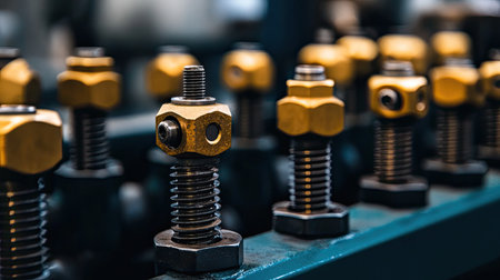This close-up image showcases industrial bolts and nuts in a factory environment, highlighting intricate metal textures and detailed surfaces.の素材
