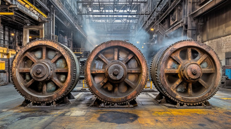 This image showcases three large industrial gears positioned in a factory setting, surrounded by dramatic lighting effects and smoke. The photograph highlights the intricate details of the machinery, showcasing the textures and aging processes of metal components.の素材