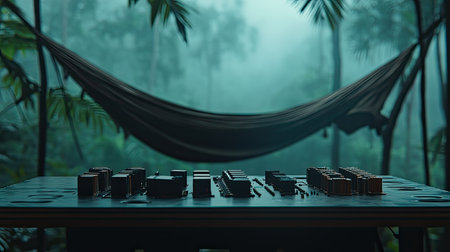 A serene jungle setting featuring a wooden table with assorted objects, a cozy hammock swaying in the background, and a misty ambiance that evokes relaxation.の素材