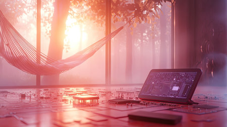 A serene digital workspace featuring a hammock and a high-tech device, bathed in warm sunset light, surrounded by lush greenery, perfect for relaxation.の素材
