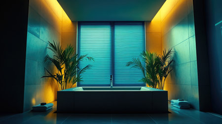A stunning modern bathroom featuring a spacious tub surrounded by plants and natural light, creating a serene and luxurious atmosphere perfect for relaxation.の素材