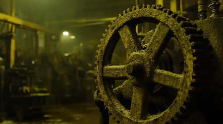 A detailed close-up of an industrial gear situated in a dimly lit factory, highlighting its rust and dust accumulation, representing age and wear.の素材