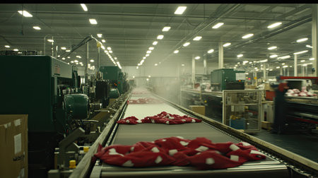 A spacious industrial manufacturing facility showcasing a conveyor belt system with textile production, highlighting efficiency in garment processing and workflow.の素材