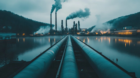 This striking image showcases an industrial landscape at dusk, featuring large pipes and smokestacks emitting smoke, reflected in calm waters.の素材