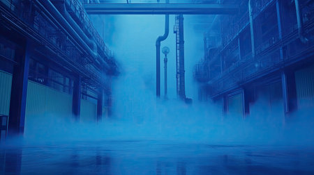 A captivating view of an industrial facility enveloped in blue light and fog, evoking a sense of mystery and exploration within an urban landscape.の素材