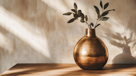 A beautifully crafted metallic vase holds delicate green leaves, casting gentle shadows in soft natural light. This serene indoor scene evokes warmth and elegance.の素材