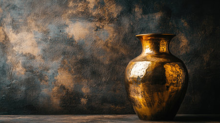 This image features an elegant antique gold vase set against a rustic dark background, showcasing its intricate texture and warmth. Ideal for decor inspiration.の素材