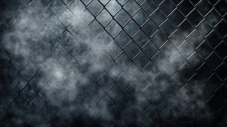 A dark and grunge metal fence background featuring smoke effects, creating a mysterious and textured atmosphere ideal for artistic projects and designs.の素材