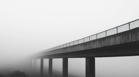 A solitary concrete bridge emerges from dense fog, creating a mysterious and tranquil atmosphere in this black-and-white landscape, perfect for evoking emotion.の素材