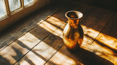 A stunning golden vase sits gracefully on a rustic wooden floor, bathed in soft natural light. The interplay of light and shadow creates a serene and artistic atmosphere.の素材