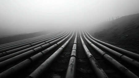 This captivating black and white image showcases a series of industrial pipelines extending into a foggy landscape, creating a mysterious atmosphere while highlighting the lines and depth of the scene.の素材