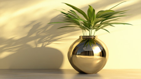 A stunning gold vase holds vibrant green leaves, beautifully contrasting against a soft yellow wall while casting gentle shadows, adding elegance to any space.の素材