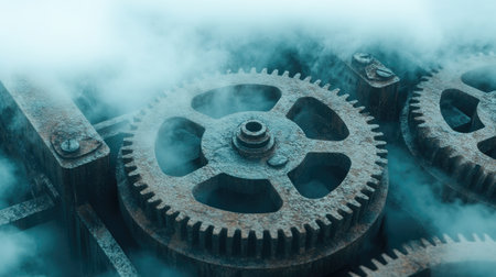 This image features rusty gears set in a mystical fog, creating an intriguing visual for themes related to machinery, industry, and creativity.の素材