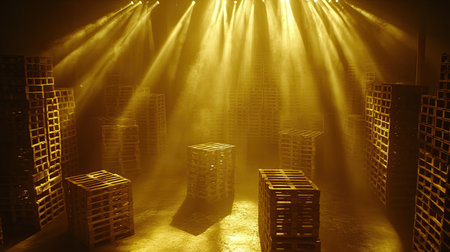 Atmospheric scene featuring beams of golden light shining through a spacious warehouse filled with stacked wooden pallets, creating a dramatic and serene ambiance.の素材