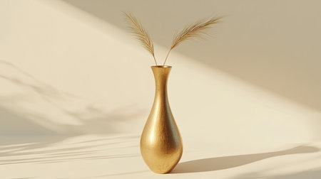 A striking gold vase holds feathery grass, set against a soft neutral background, perfect for enhancing any modern interior space with elegance.の素材