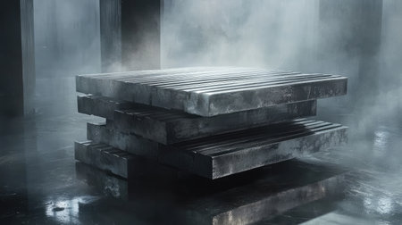 A compelling image of stacked industrial steel plates set against a misty backdrop, showcasing dramatic lighting and reflective textures in a factory space.の素材
