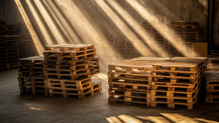 A serene view of wooden pallets stacked in a warehouse, bathed in warm sunlight, highlighting dust particles and creating a tranquil atmosphere.の素材