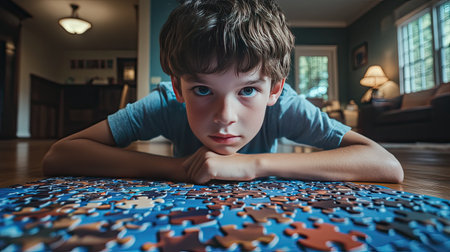 A young boy lies on the floor, deeply focused on solving a jigsaw puzzle, surrounded by a warm, inviting living room atmosphere.の素材
