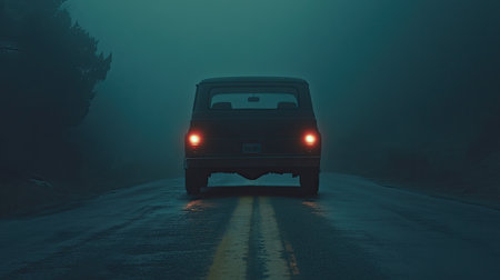 A captivating image of a vintage car parked on an empty road at night, enveloped in thick fog. The glowing brake lights create a mysterious atmosphere, evoking senses of solitude and adventure.の素材