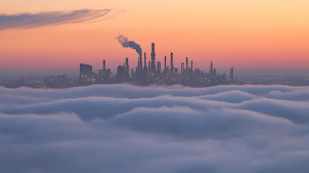A stunning view of an industrial skyline rising above a thick layer of clouds at sunset, with smoke billowing, creating a striking visual scene.の素材
