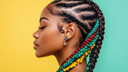 A stunning profile of a woman showcasing intricate braids adorned with vibrant colors. Her elegant features complement the vivid background, enhancing her beauty.の素材