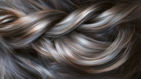 This image captures a detailed close-up of a beautifully styled braid, showcasing smooth strands of hair in reflective shades of brown and blonde.の素材