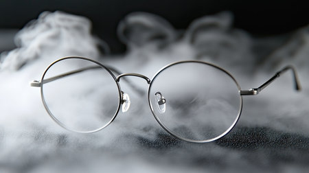 A stunning close-up of elegant round glasses resting on a foggy surface, surrounded by soft smoke. The dramatic lighting enhances the sophisticated design, creating a unique artistic effect. Perfect for fashion or eyewear themes.の素材