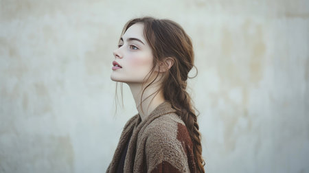 A captivating profile portrait of a young woman with beautifully braided hair, enhanced by soft natural light against a textured backdrop, evoking calmness.の素材