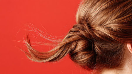This stunning image captures a close-up of an elegant hair twist set against a bold red background, showcasing beauty and fashion artistry.の素材