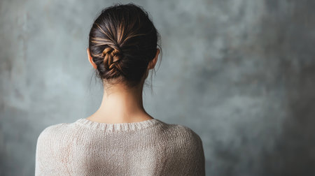 A serene portrait of a woman with a hair bun, dressed in a soft sweater, gazing away from the camera against a neutral studio background.の素材