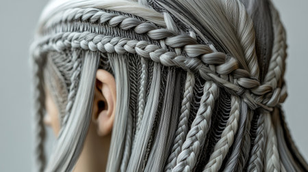 This image showcases an intricate braided hairstyle featuring a stunning blend of textures and patterns. Ideal for beauty and fashion themes, the detailed design highlights professional styling techniques, making it an inspirational reference for hairdressers and style enthusiasts alike.の素材